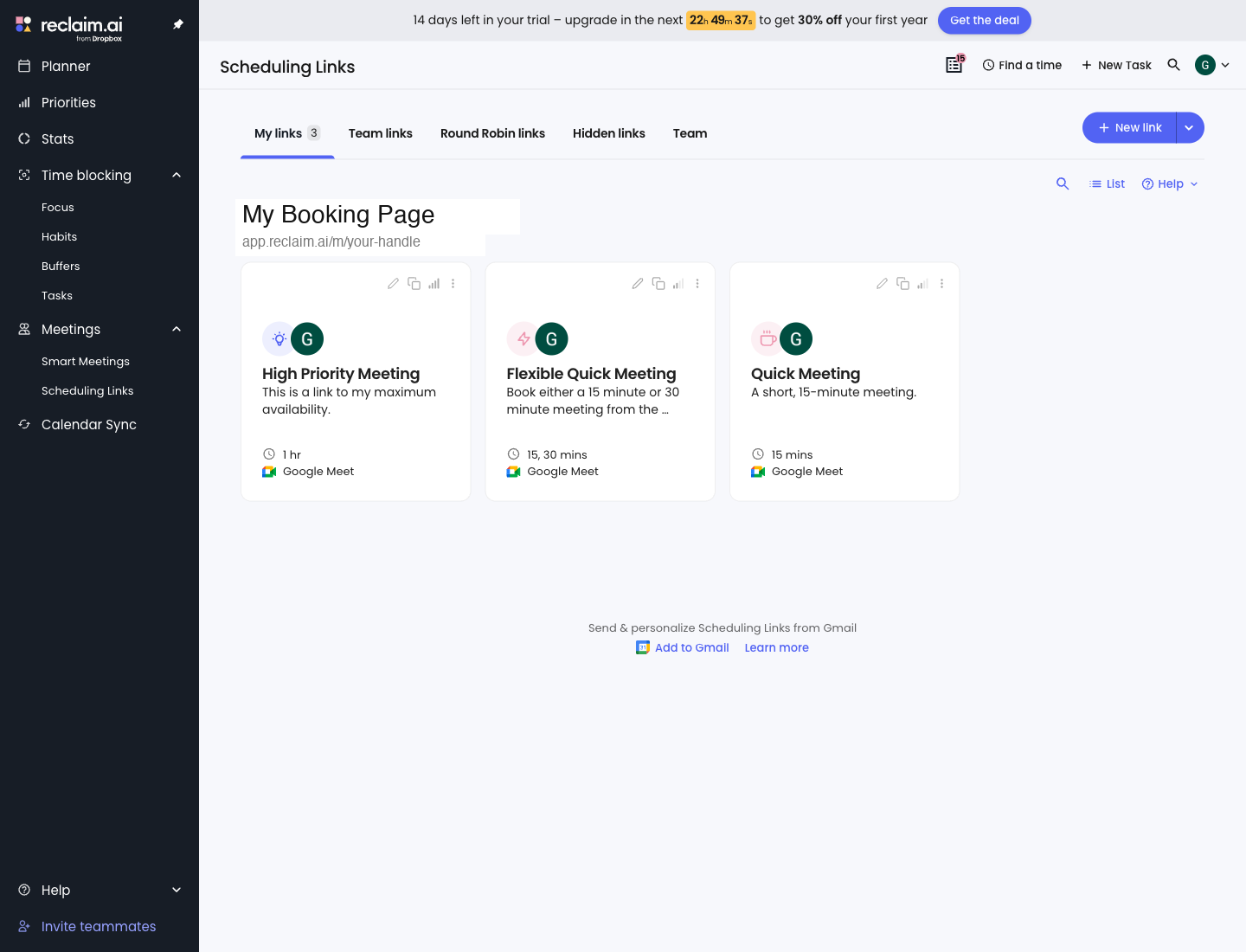 Reclaim の Scheduling Links 画面