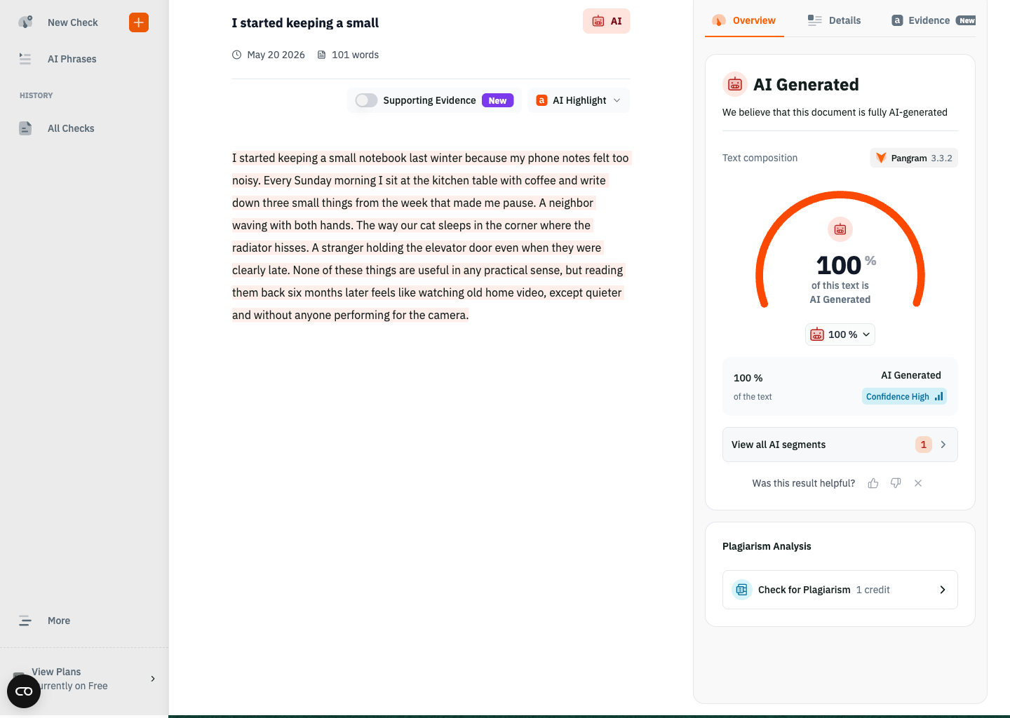 Pangram：AI生成文を「AI Generated 100%」と判定した結果画面